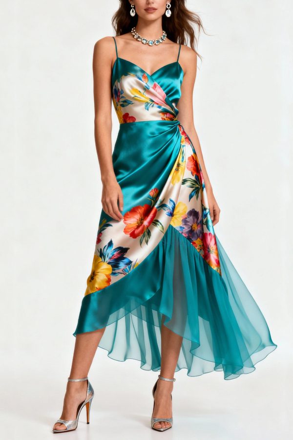 Italian Blue Print Wrinkled Patchwork Silk Spaghetti Strap Dress Summer