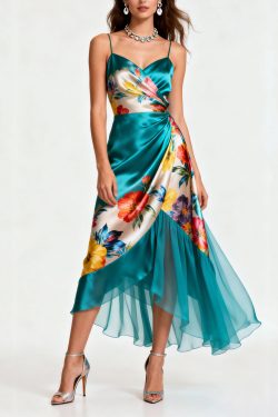 Italian Blue Print Wrinkled Patchwork Silk Spaghetti Strap Dress Summer