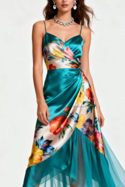 Italian Blue Print Wrinkled Patchwork Silk Spaghetti Strap Dress Summer