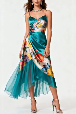 Italian Blue Print Wrinkled Patchwork Silk Spaghetti Strap Dress Summer