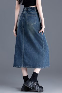 Italian Blue Side Open Silm Fit Denim A Line Skirt Spring
