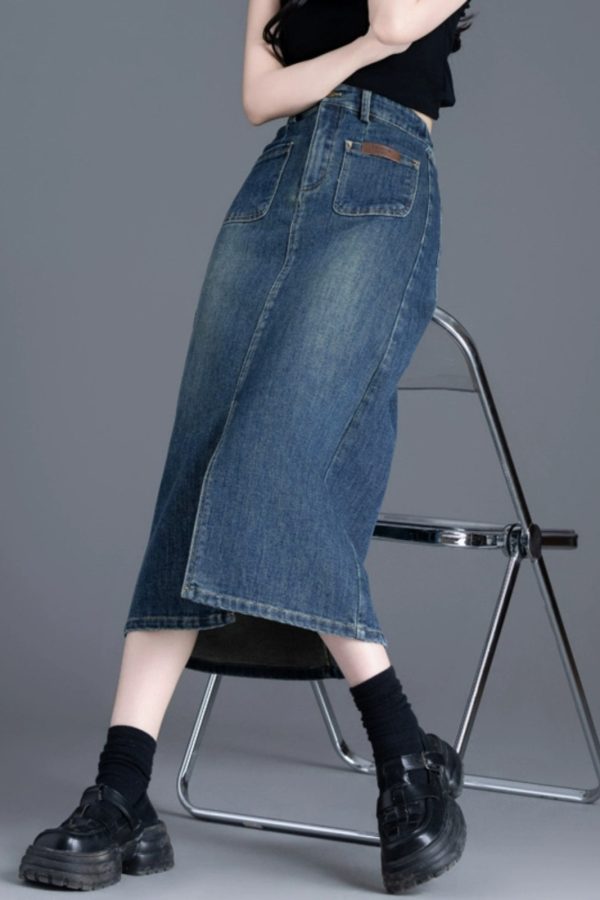 Italian Blue Side Open Silm Fit Denim A Line Skirt Spring