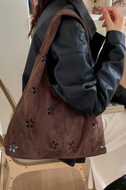 Italian Brown Hollow Out Flower Faux Suede Shoulder Bags