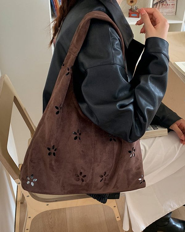 Italian Brown Hollow Out Flower Faux Suede Shoulder Bags