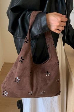 Italian Brown Hollow Out Flower Faux Suede Shoulder Bags