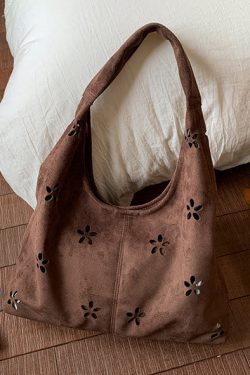 Italian Brown Hollow Out Flower Faux Suede Shoulder Bags