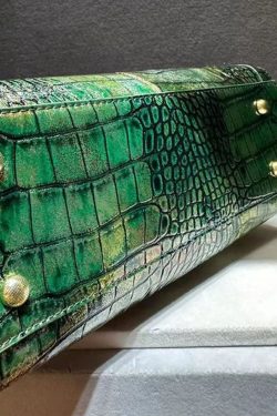 Italian Green Embossed Calf Leather Tote Handbag