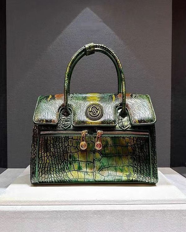 Italian Green Embossed Calf Leather Tote Handbag