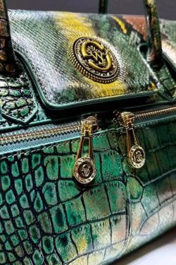 Italian Green Embossed Calf Leather Tote Handbag