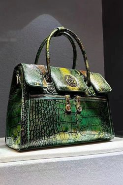 Italian Green Embossed Calf Leather Tote Handbag