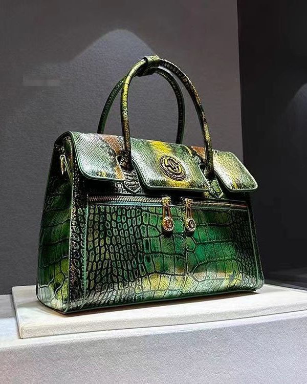Italian Green Embossed Calf Leather Tote Handbag