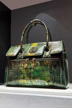 Italian Green Embossed Calf Leather Tote Handbag