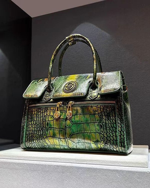 Italian Green Embossed Calf Leather Tote Handbag