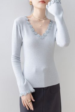 Italian Light Blue V Neck Floral Knit Sweater Flare Sleeve