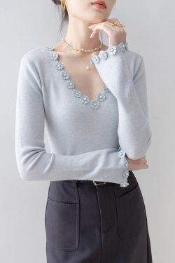 Italian Light Blue V Neck Floral Knit Sweater Flare Sleeve