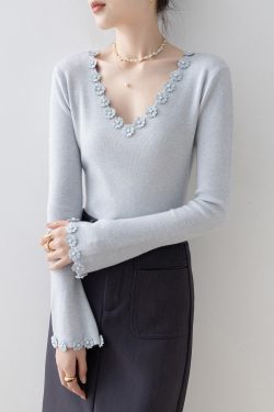 Italian Light Blue V Neck Floral Knit Sweater Flare Sleeve