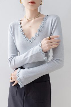 Italian Light Blue V Neck Floral Knit Sweater Flare Sleeve