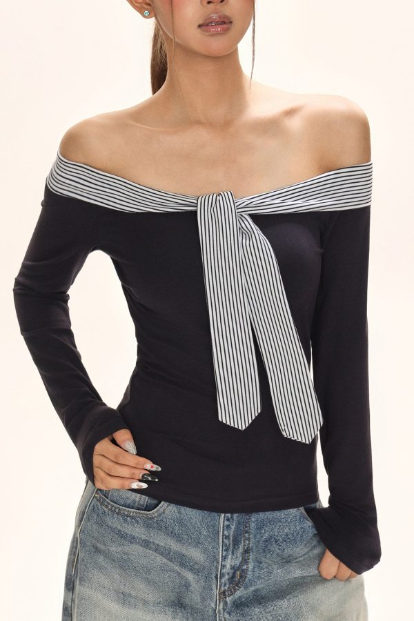 Italian Navy Blue Cold Shoulder Tie Lace T Shirt Fall