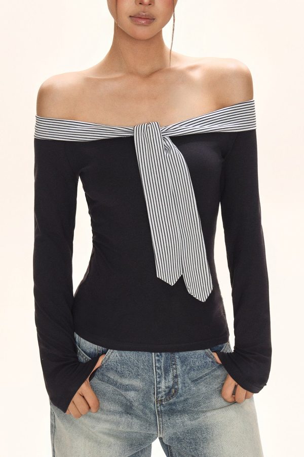 Italian Navy Blue Cold Shoulder Tie Lace T Shirt Fall