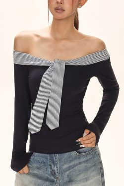 Italian Navy Blue Cold Shoulder Tie Lace T Shirt Fall