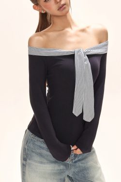 Italian Navy Blue Cold Shoulder Tie Lace T Shirt Fall