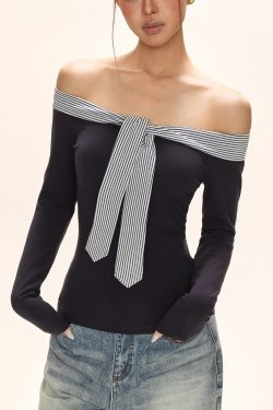 Italian Navy Blue Cold Shoulder Tie Lace T Shirt Fall