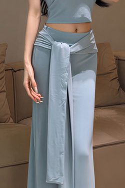 Italian Sky Blue Wraped Cotton Straight Skirts Spring