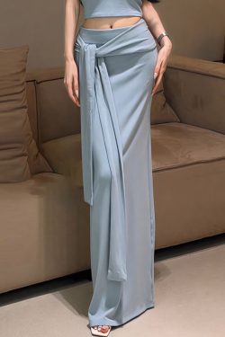 Italian Sky Blue Wraped Cotton Straight Skirts Spring