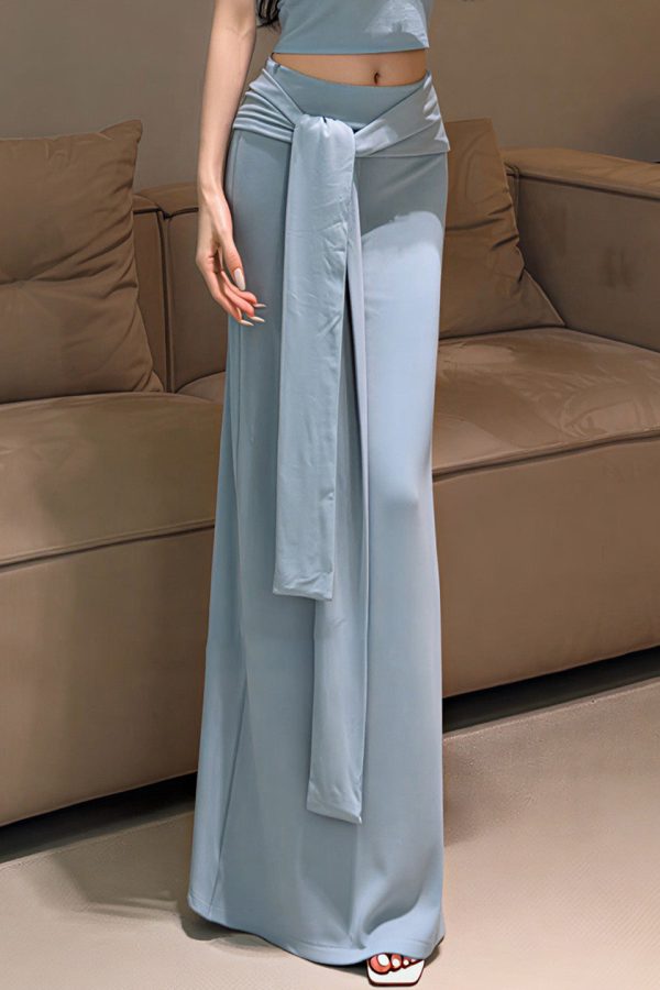 Italian Sky Blue Wraped Cotton Straight Skirts Spring
