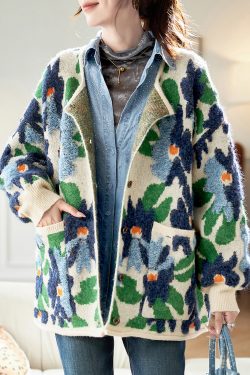 Jacquard Blue Button Pockets Knit Coats Spring
