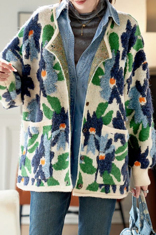 Jacquard Blue Button Pockets Knit Coats Spring