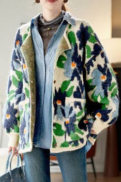 Jacquard Blue Button Pockets Knit Coats Spring