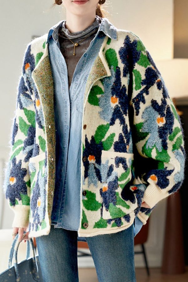Jacquard Blue Button Pockets Knit Coats Spring