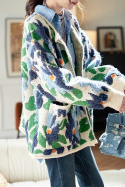 Jacquard Blue Button Pockets Knit Coats Spring