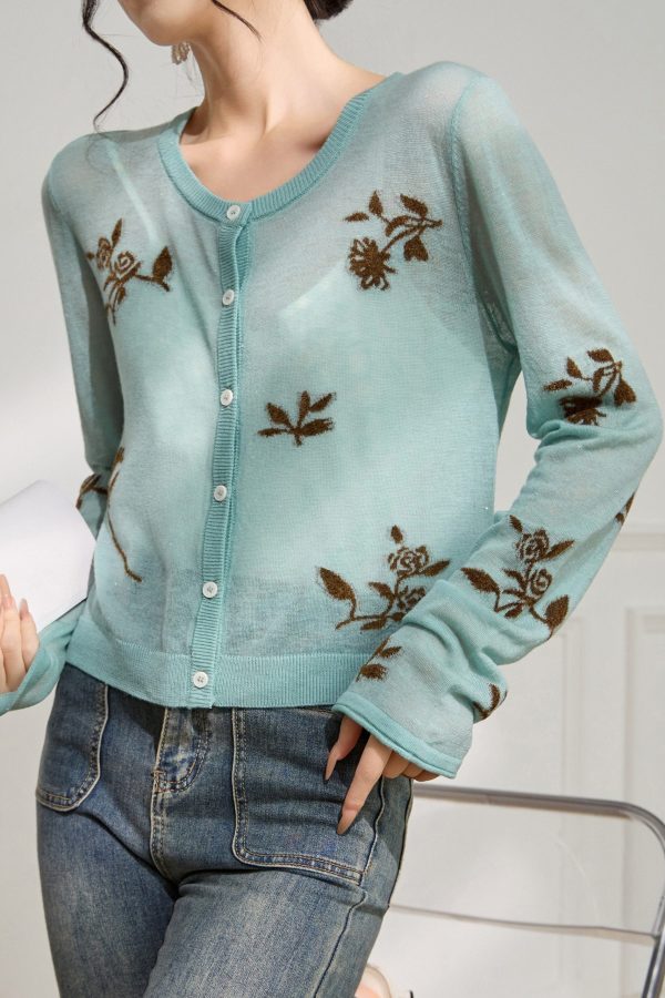 Jacquard Blue O Neck Button Cozy Knit Cardigans Fall