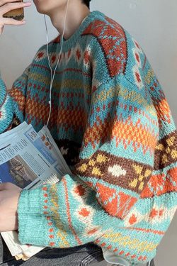 Jacquard Blue O Neck Cozy Knit Mens Sweaters Fall