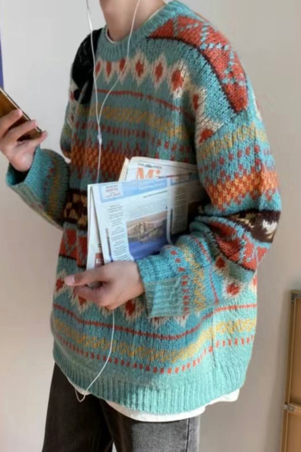 Jacquard Blue O Neck Cozy Knit Mens Sweaters Fall