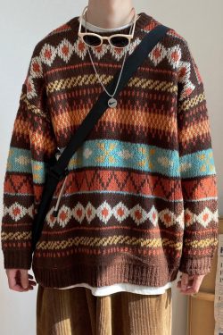 Jacquard Blue O Neck Cozy Knit Mens Sweaters Fall