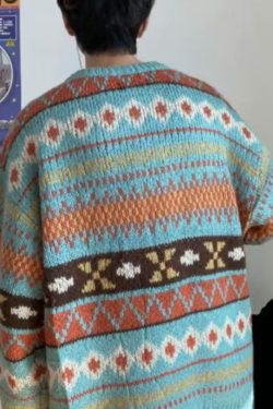 Jacquard Blue O Neck Cozy Knit Mens Sweaters Fall