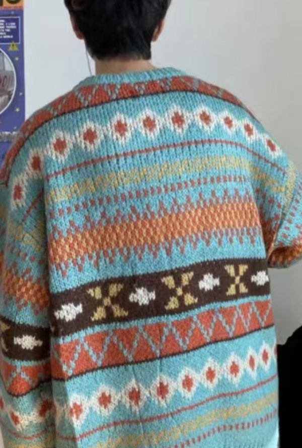 Jacquard Blue O Neck Cozy Knit Mens Sweaters Fall