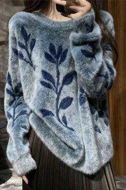 Jacquard Blue O-Neck Cozy Mink Hair Knitted Sweater Spring