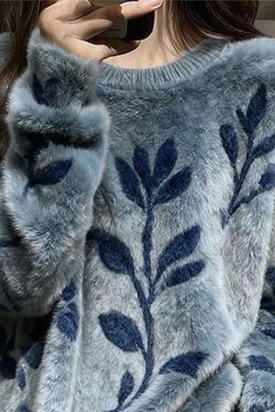 Jacquard Blue O-Neck Cozy Mink Hair Knitted Sweater Spring