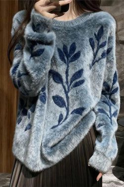 Jacquard Blue O-Neck Cozy Mink Hair Knitted Sweater Spring