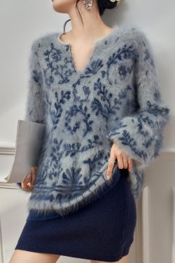 Jacquard Blue V Neck Cozy Knit Sweater Tops Winter