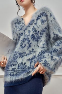 Jacquard Blue V Neck Cozy Knit Sweater Tops Winter