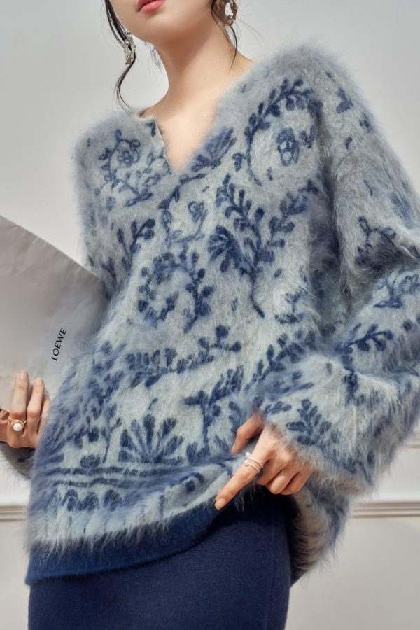 Jacquard Blue V Neck Cozy Knit Sweater Tops Winter