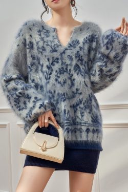 Jacquard Blue V Neck Cozy Knit Sweater Tops Winter
