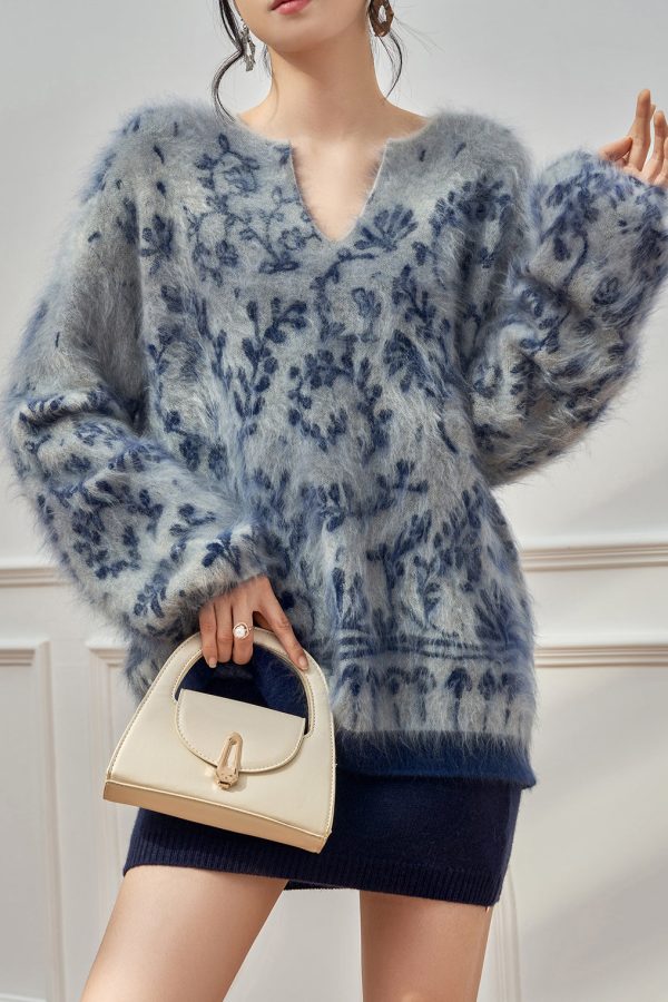 Jacquard Blue V Neck Cozy Knit Sweater Tops Winter