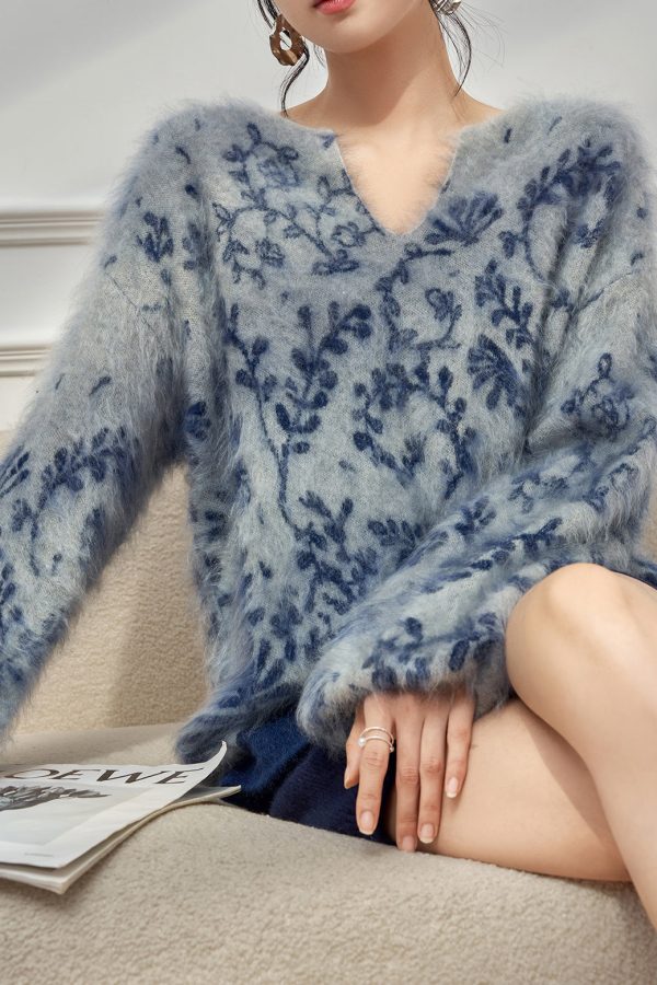 Jacquard Blue V Neck Cozy Knit Sweater Tops Winter