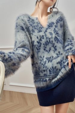 Jacquard Blue V Neck Cozy Knit Sweater Tops Winter